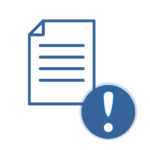 Two simple icons, one of a piece of paper with the top left corner folded sharply and with four lines across the paper. A dark blue circle with a white exclamation mark in the middle of it overlaps the bottom right corner of the piece of paper.