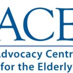 Blue capital letters spelling out ACE. Underneath the letters is blue text that says Advocacy Centre for the Elderly.